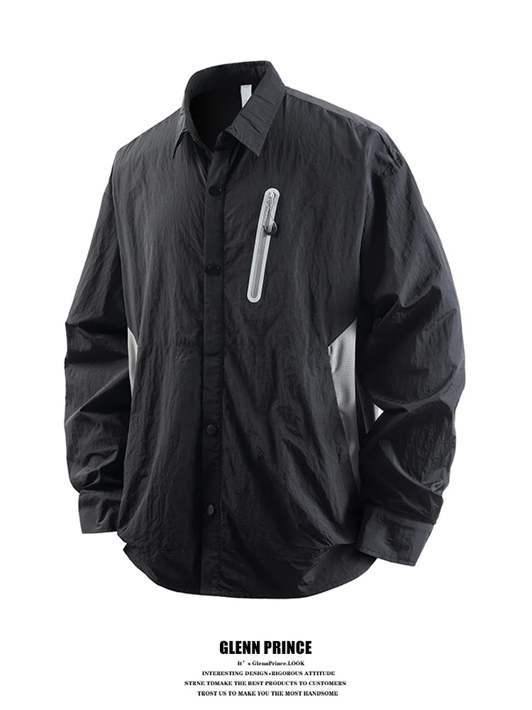 

American Sle Long Sve Workwear irt Men's Outdoor Nylon Splicing irt Spring Anti-Water Resistant Polyester Fiber irt