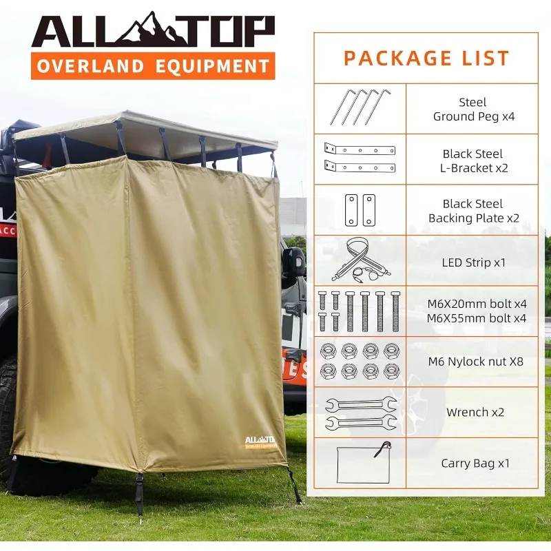 ALL-TOP Awning Shower Room w/Foldable Floor Mat, 3.3ft x 3.3ft, Privacy Shelter Restroom w/Roof, LED Light, Drain Pipe