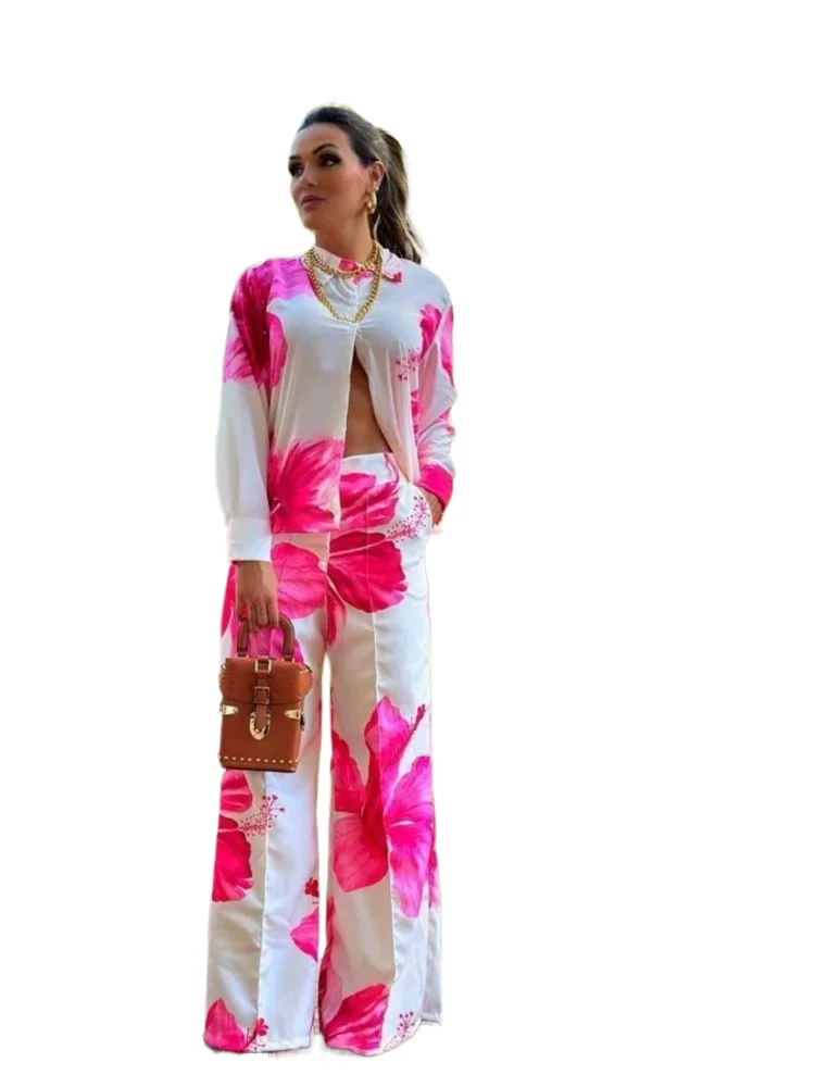 

2025 Women's Casual Daily Shirt Set Floral Fashion Printed Shirt Spring Autumn Wide Leg Pants Women's Office Two-piece Set