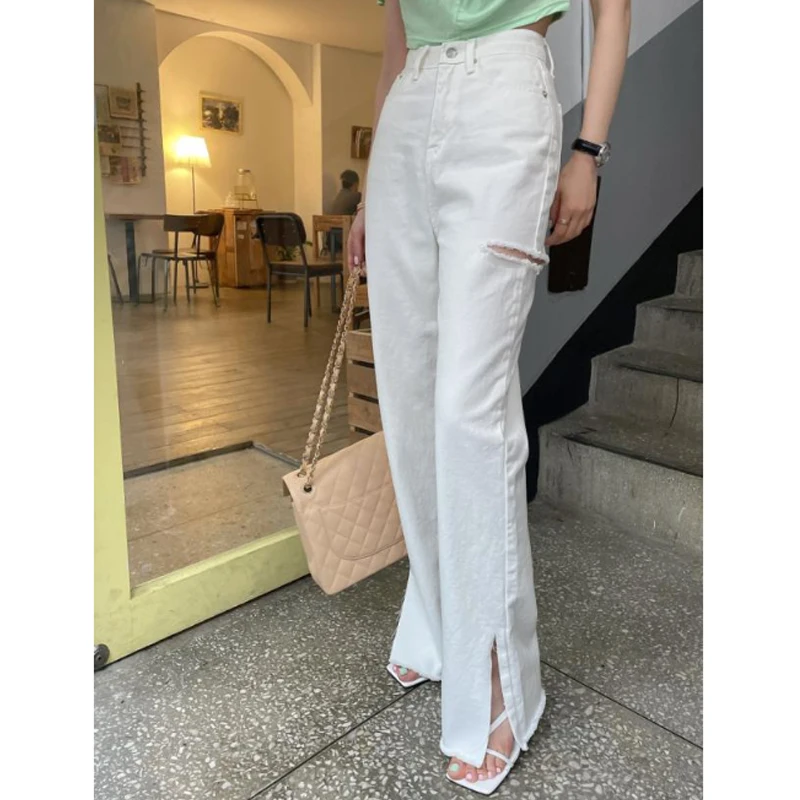 

White Split Jeans Women Streetwear Summer 2023 Vintage High Waisted Wide Leg Pants Korean Chic Ripped Jeans Mom Soft Denim