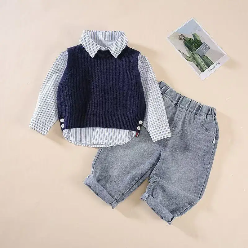 Boys\' Spring and Autumn Set Children\'s Sweater+Vest+Jeans Three piece Set 2025 New Style 1-5 Year Old Boys\' Baby 3 Pcs