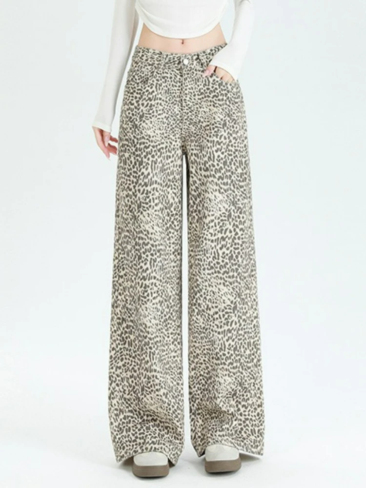 

Spring Leopard Print Wide Leg Jeans Women American High Waist Loose Straight Trousers Casual Versatile Floor Length Denim Pants