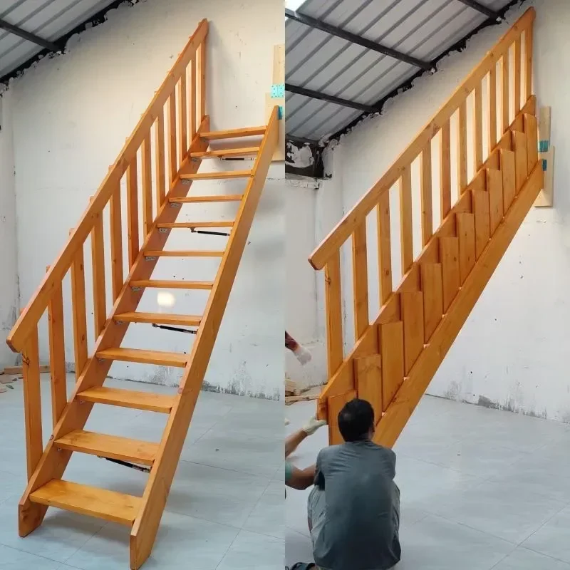 Customized Solid Wood Household Wall Folding Ladder Basement Warehouse Loft Duplex Telescopic Easy to Retract and Fold