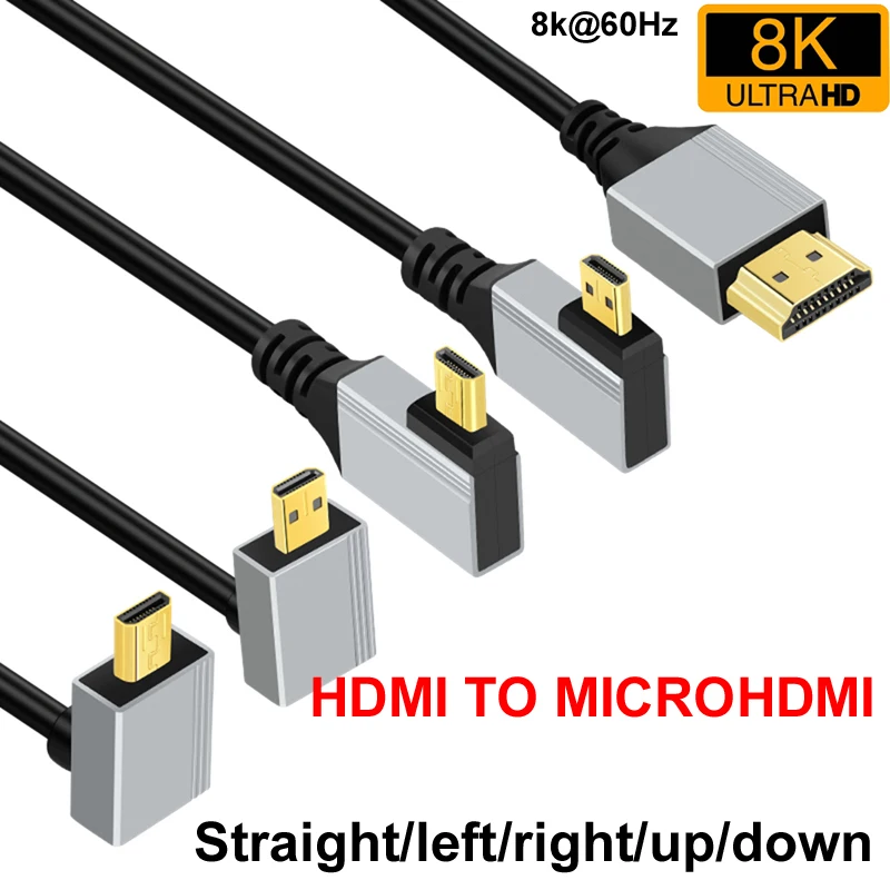 0.5M/1M 8K@60Hz Microhdmi Micro HDMI-Compatible Cable 90 Degree UP/DOWN/LEFT/RIGHT Angle Display Cord   For HDTV GoPro Hero Rasp