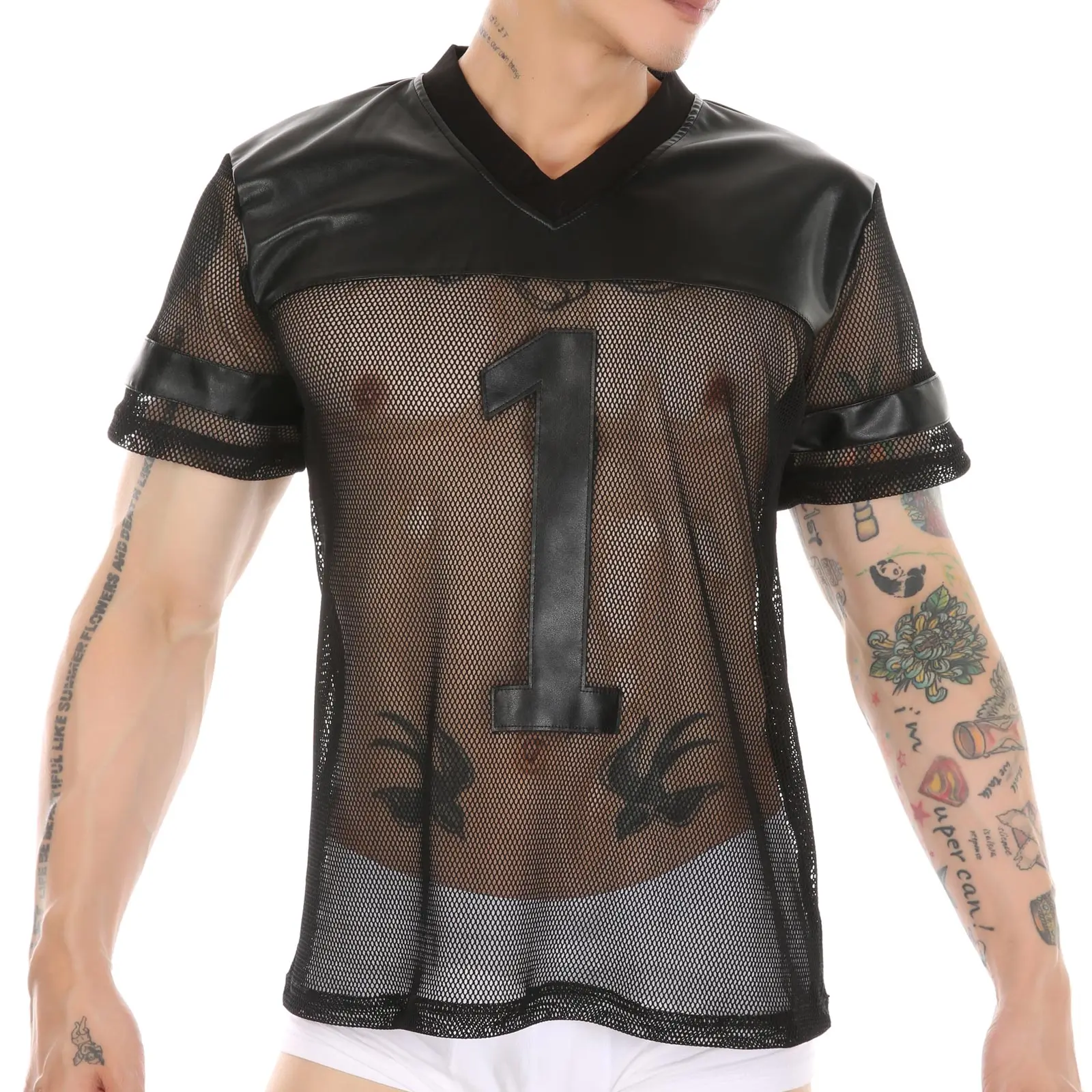 Men's Faux Leather T-Sleeve Fishnet Short Sleeve Breathable V-Neck Short Sleeve Mesh Patchwork Casual Basketball Sportswear