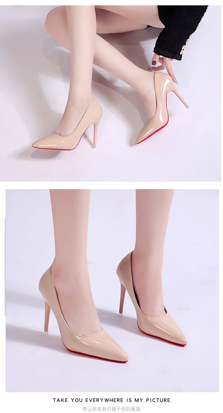 White Nude Pointed Toe Patent Leather High Heels Sexy Red Sole Party Prom Girl Pumps Minimalist Shallow Mouth Work Single Shoes