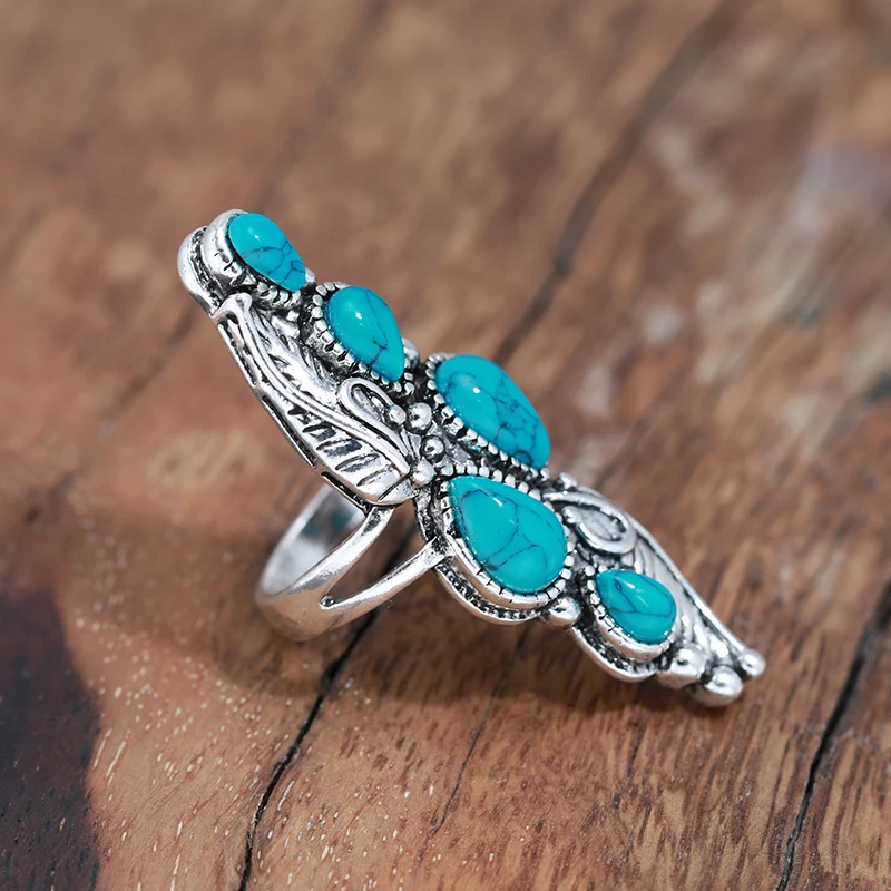 Wbmqda Vintage Boho Natural Stone Rings for Women Ethnic Style Tibetan Silver Carved Pattern Wedding Party Jewelry Gift 2023 New