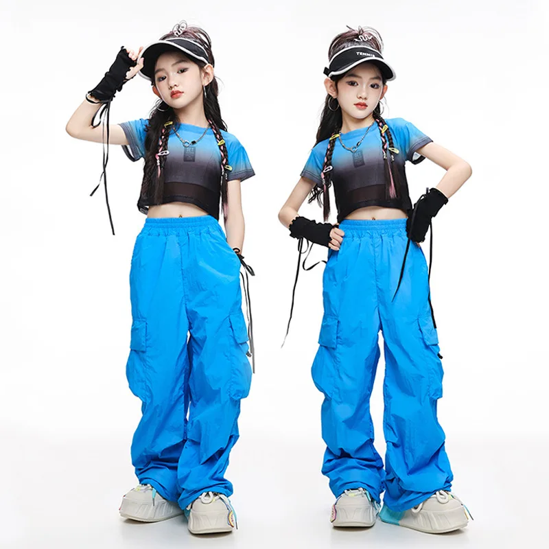 Jazz Dance Costumes Kids Streetwear Gradient Black Blue Crop Top Hip Hop Dancing Pants Model Show Outfit Street Dance Wear 3587