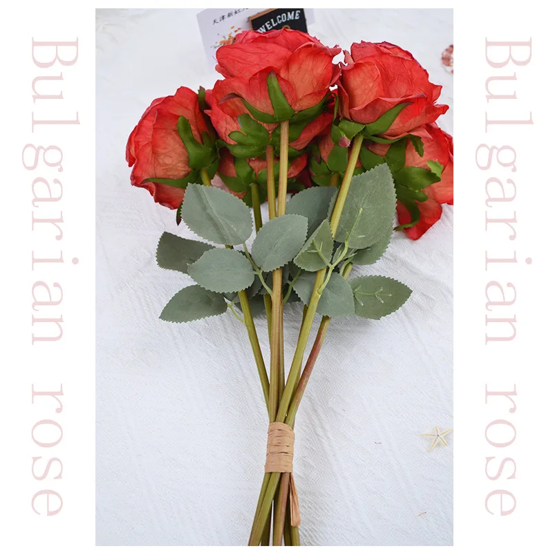 باقة زهور صناعية واحدة 7 رؤوس تأثير محروق محاكاة وردة بلغاريا لحفل الزفاف باقة العروس ديكور طاولة المنزل
