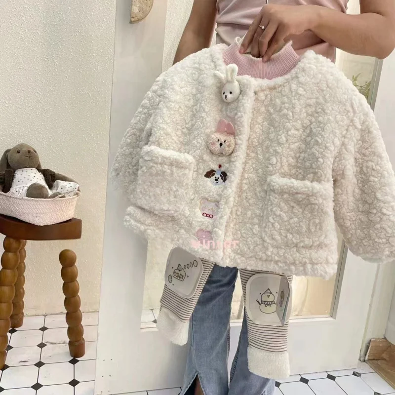 01-Conjunto con forro polar Otoño Invierno estilo coreano chaqueta de algodón de felpa Animal para niñas Leggings a rayas