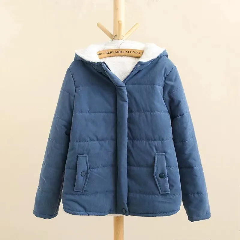 Thickened Korean Hooded Cotton Jacket with Added Fleece Women's Long Sleeved Bread Jacket Cotton Coat Jacket College Style