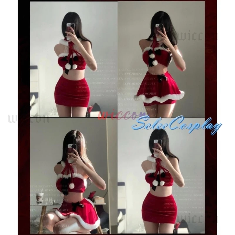 Christmas Costumes for Women Hanging Neck Top with Hat Fancy Dress Set Xmas Party Adult Red Hat Santa Cosplay Costume