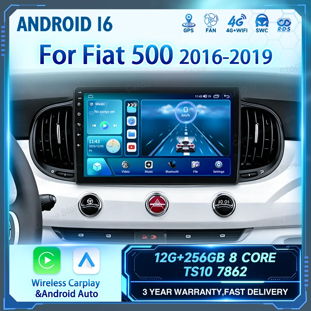 Android For Fiat 500 2016-2019 Car Head Unit Multimedia Video Player GPS Navigation Radio Stereo Wireless Carplay Bluetooth WIFI