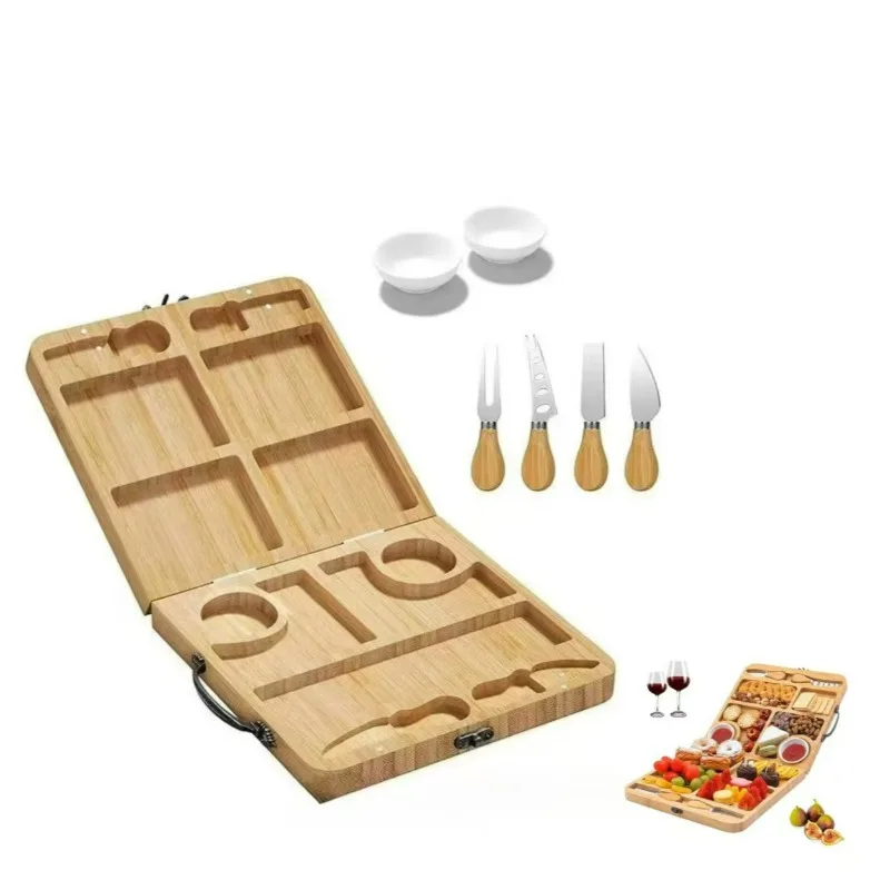 

Bamboo Charcuterie Boards Gift Set, Foldable Fruit Bread Cutting Board Fruit Tray, Handles, Cutlery-Ready Box House Warming Gift