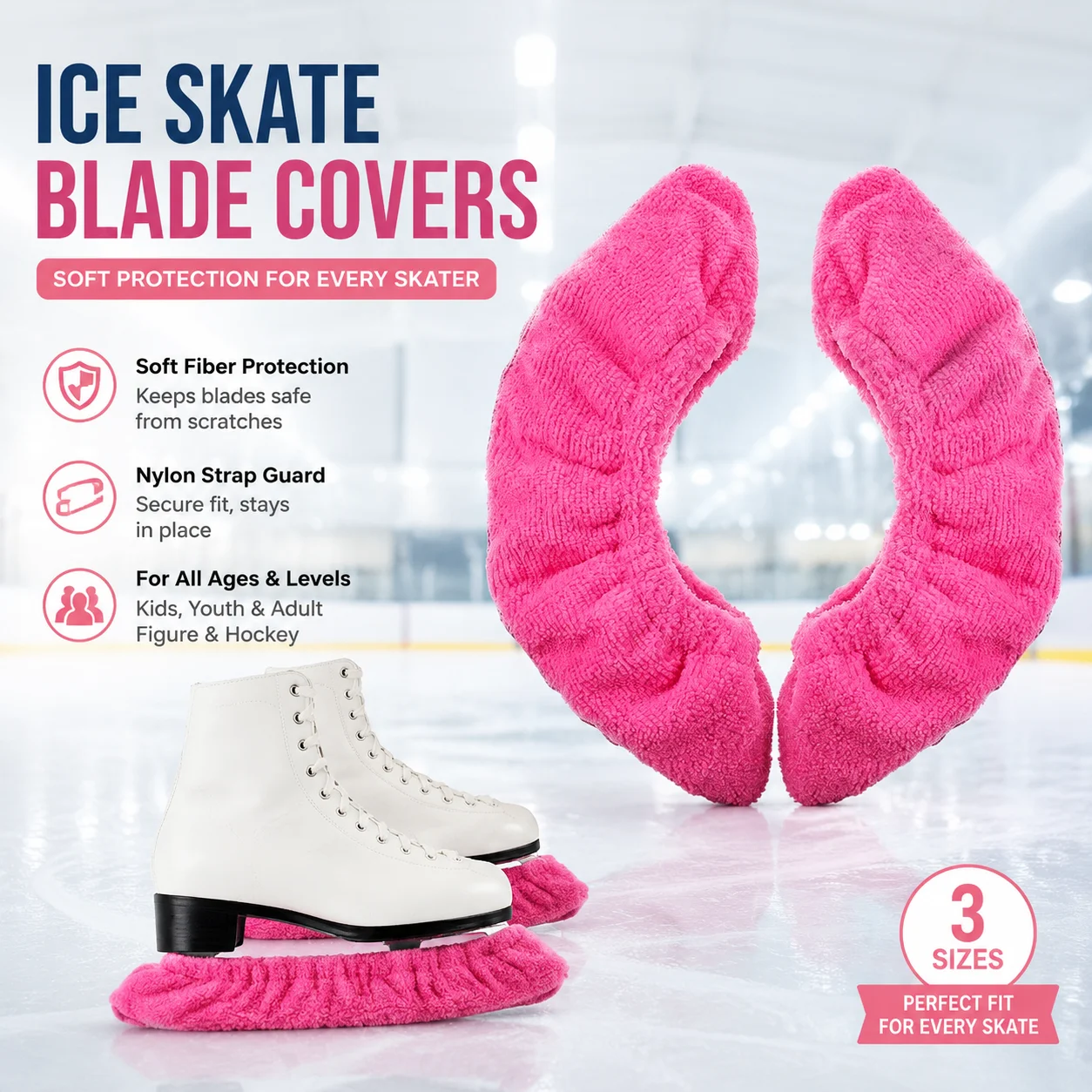 Ice Skate Blade Covers with Nylon Strap Guard, Soft Fiber Protector for Figure, Hockey, Kids, Youth, Adult Skates, 3 Sizes, 3