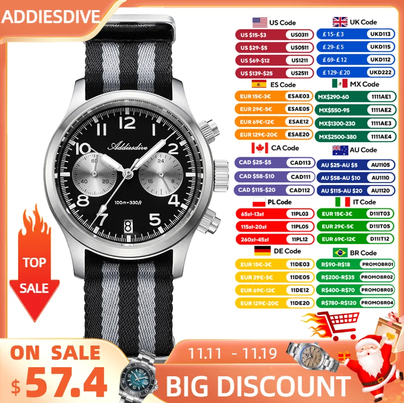 

ADDIESDIVE New 2025 Men Watch 39mm Sapphire Luxury Japan VK64 Chronograph Quartz Wristwatch BGW9 Luminous 100m Waterproof
