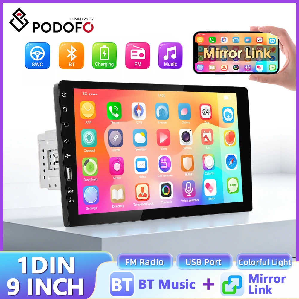 PODOFO 1 Din Car Stereo 9 inch HD Touch Screen MP5 Video Multimedia Player