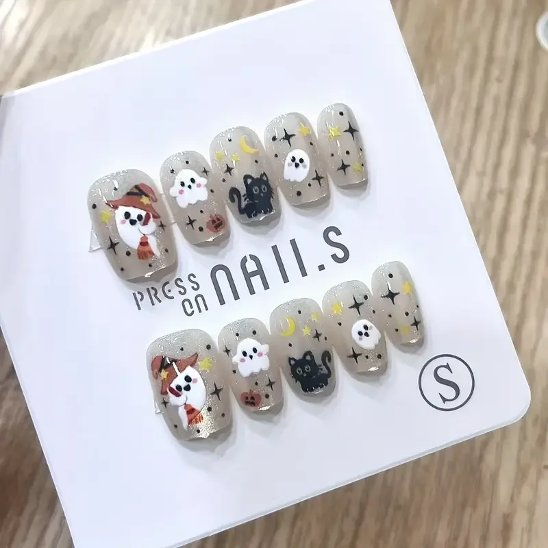 

10pcs Halloween Press On Nails Cute Black Cat Pattern Wearable False Nail for Women Sweet and Cool Full Coverage Fake Nail