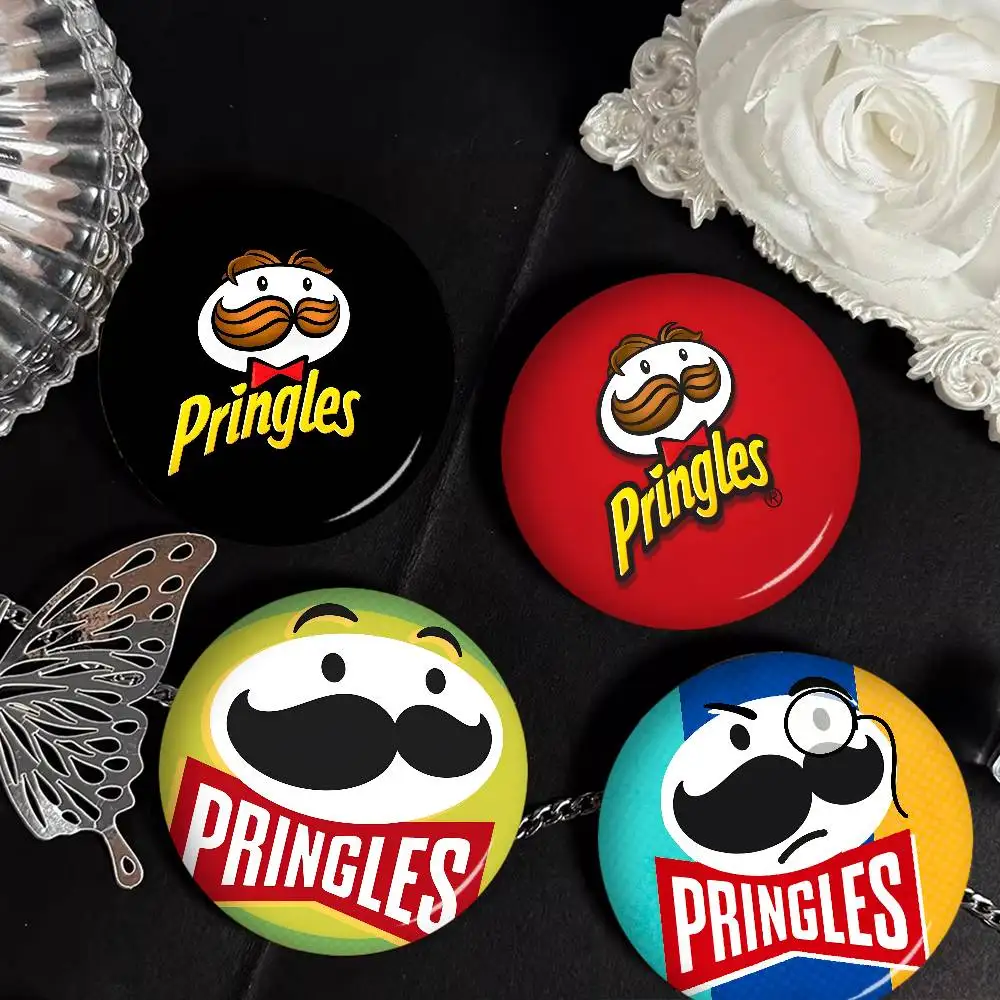 P-Pringles S-Snack Cartoon Brooches Anime Badge Round Handmade Brooch Lapel Pins Jewelry for Backpack Clothes Gifts