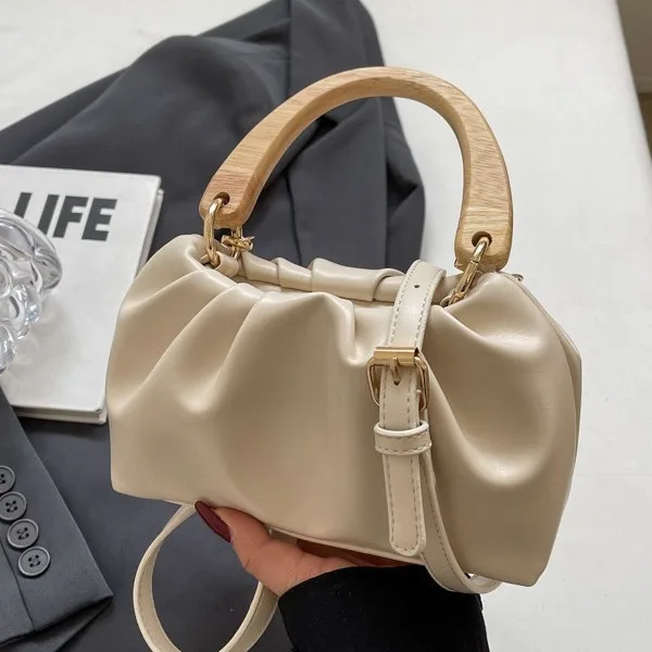 

​2025 Women's Soft Leather Cloud Bag Pleated Crossbody Shoulder Bag Wooden Handle Minimalist Designer Tote​