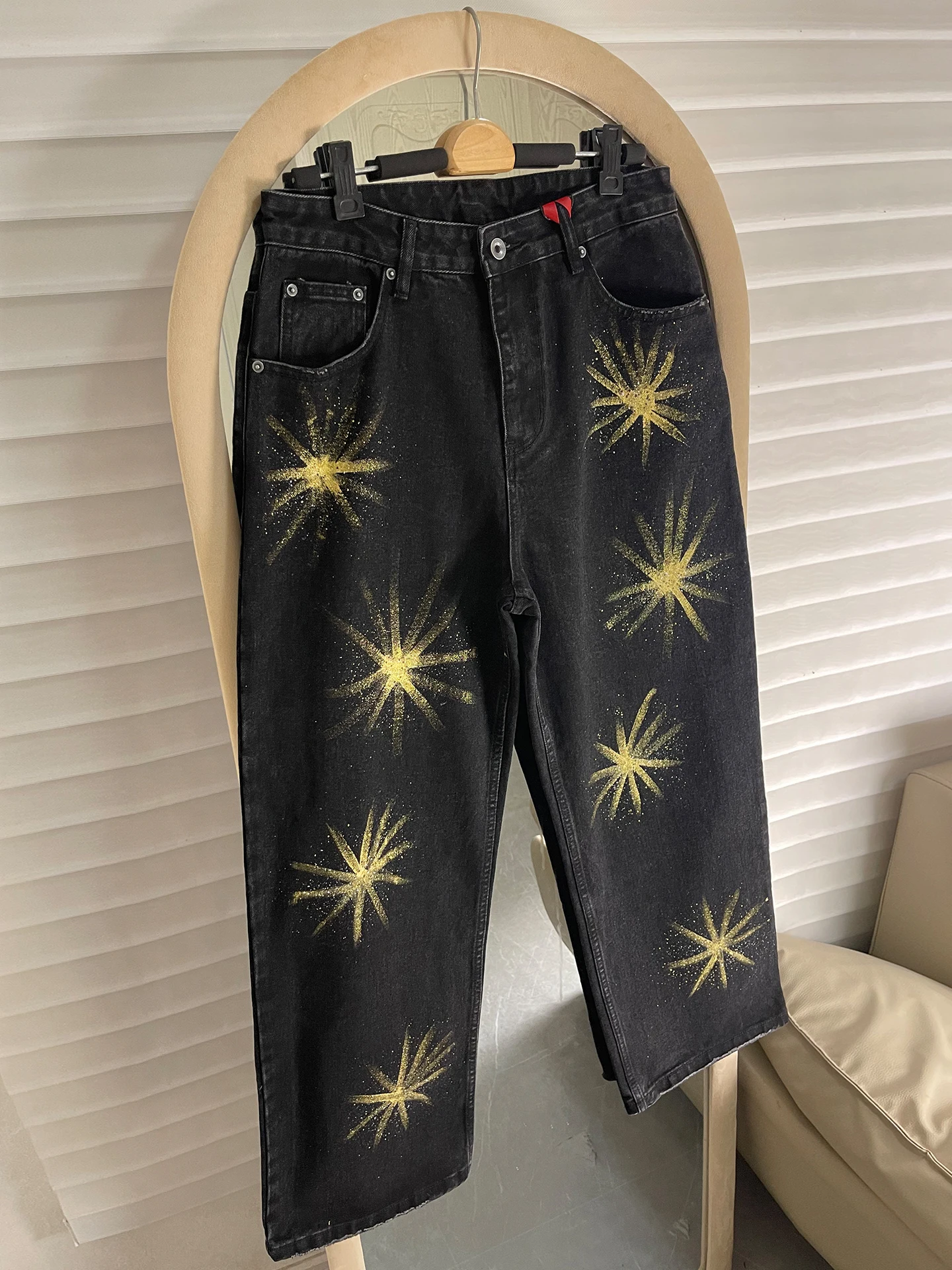 

Parisian Sle fiti Print Waed Denim Jeans Men Women Casual Loose Straight Leg Wide Leg Pants American Trendy Brand