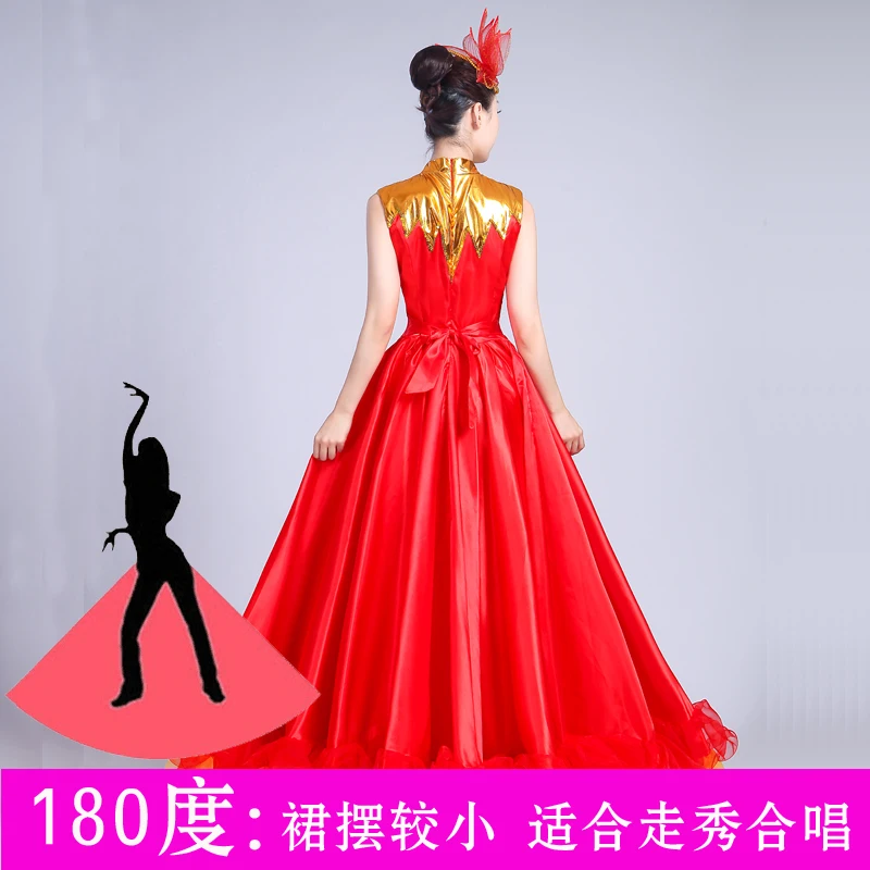 New  Adult Female Long Dress Woman Show Costume Opening Dance Large Swing Dress Chorus Performance and Spanish Dance Wear Red