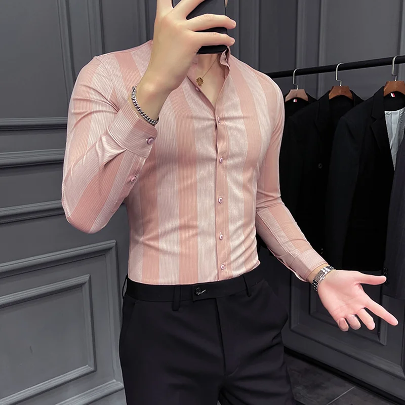 Autumn New High Quality Striped Shirt Men Luxury Slim Fit Business Casual Shirt Formal Men Long Sleeve Party Prom Clothing Homme