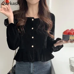 Black Shirts Women Vintage Puff Sleeve Square Collar French Tops Camisa All-match Streetwear Ulzzang Stylish Camisas De Mujer