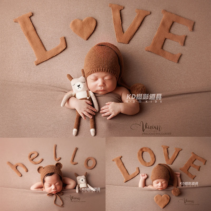 

Newborn Photography Scene Props Baby Girl Boy Vintage Bear Hat Handmade Doll Alphabet Heart Props Infant Studio Shoot Accessorie