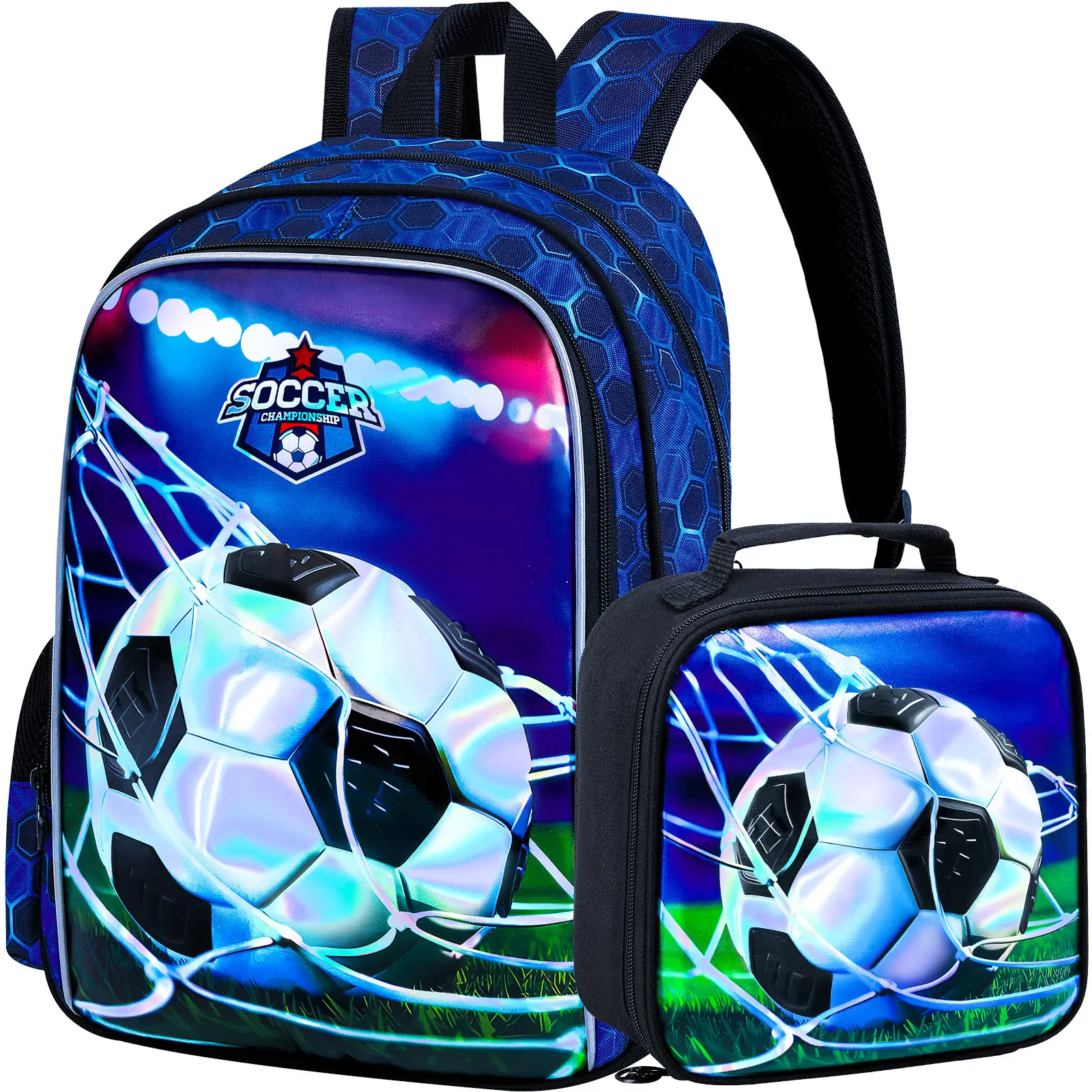 

2PCS Kids Soccer Backpack, 16" Boys Preschool Elementary Soccer Bookbag and Lunch Box