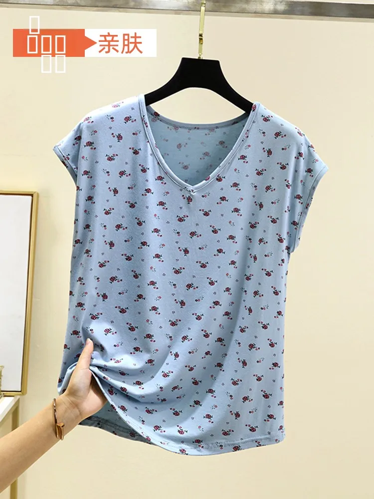 

New Modal V-ne T-irt Women Summer Thin Floral Inner Wear Loose Casual Base Layer Sweatirt Comfortable Breathable Loose Fit