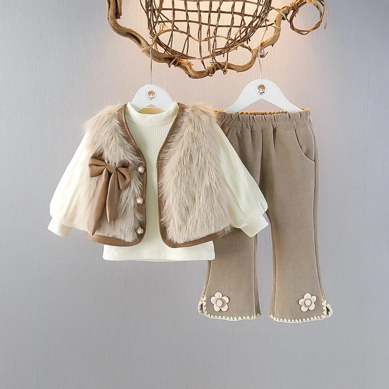 Fashion Wear Baby Girls Winter Clothing with Plush Fur Vest Three Piece Set 1 2 3 Year Old Children's Warm Cotton Suit Outfits