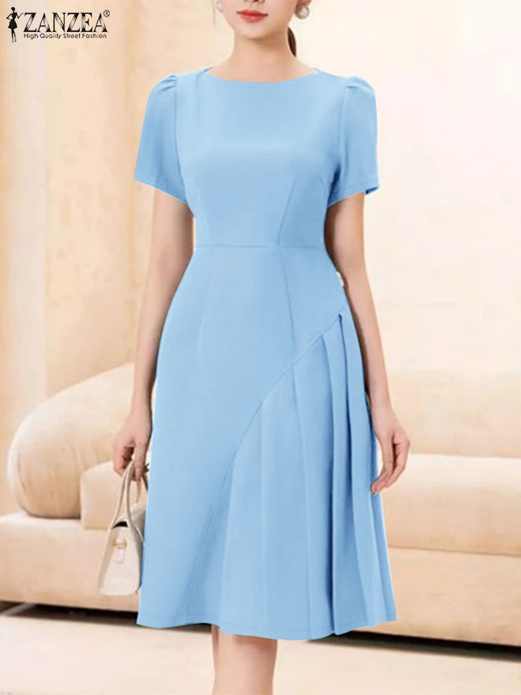 20245ZANZEA Summer Elegant Office Work Dress Women O Neck Short Sleeve Solid Sundress Fashion Casual Knee-length Vestidos Robe