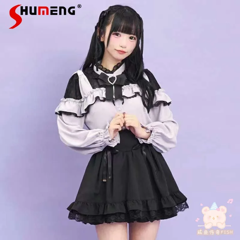 

Японская блузка массового производства в стиле Mine, кружевная однобортная рубашка с воротником-стойкой и бантом, с длинными рукавами, милые рубашки в стиле Лолиты, женский топ