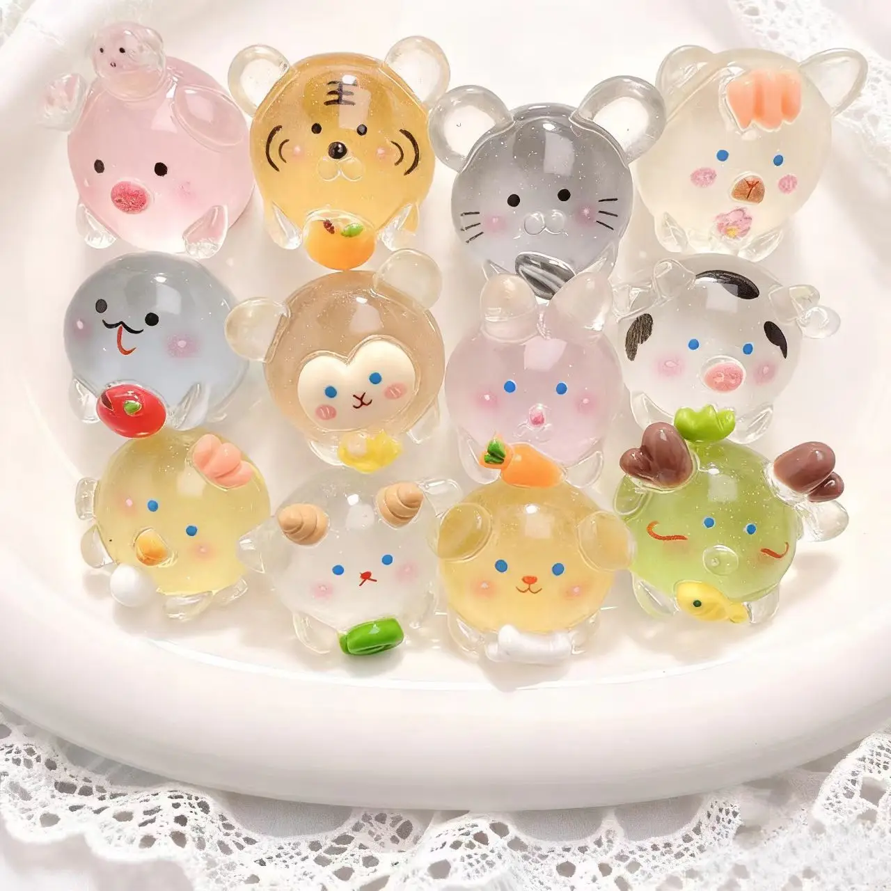 Luminous Chinese zodiac chubby 3D resin accessories, cartoon 3D transparent animal ornaments, animal models, ornaments