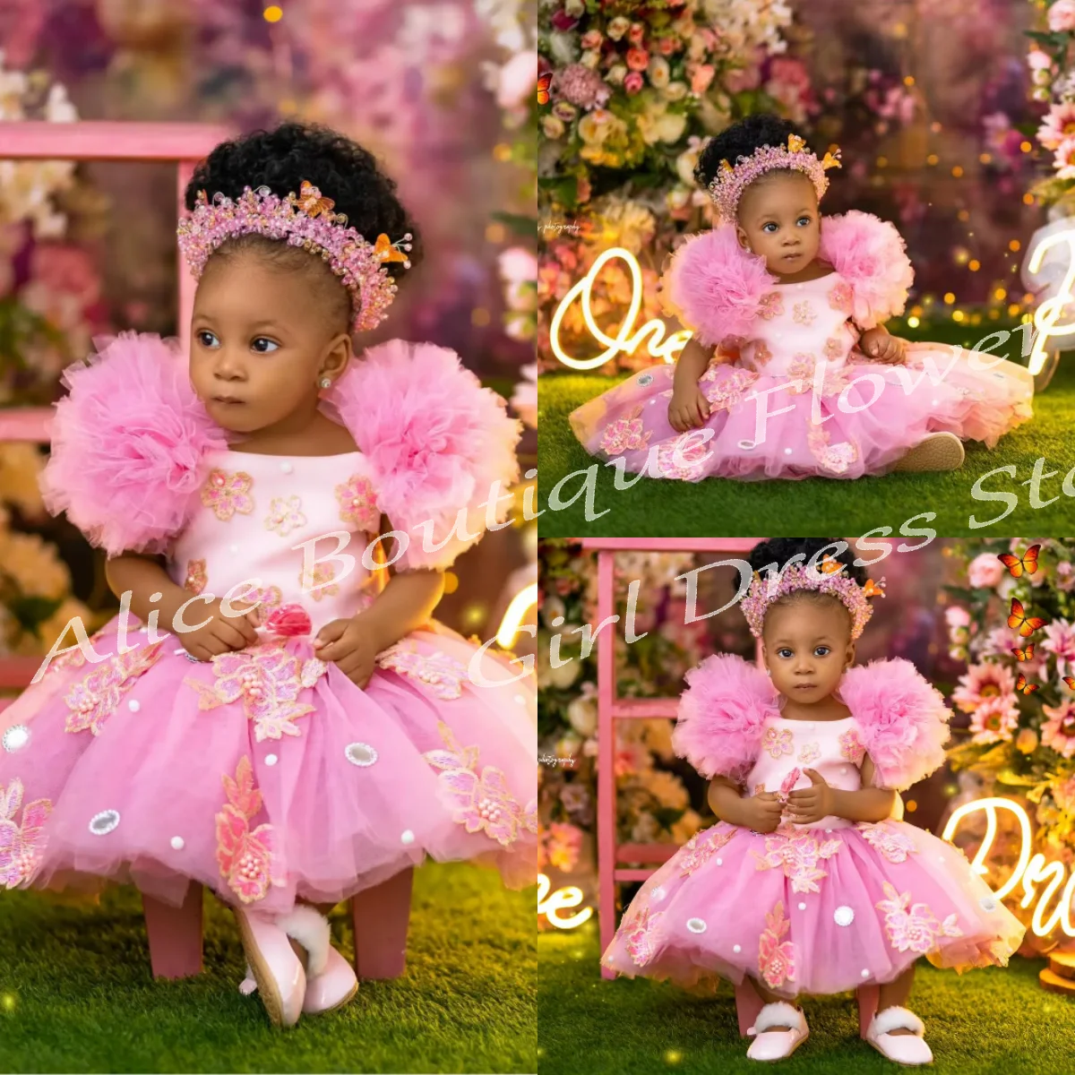 

Lovely Flower Girl Dress Pink Lace Appliques A-Line Tulle Pleated Dresses Baby First Communion Birthday Party Gowns Customized