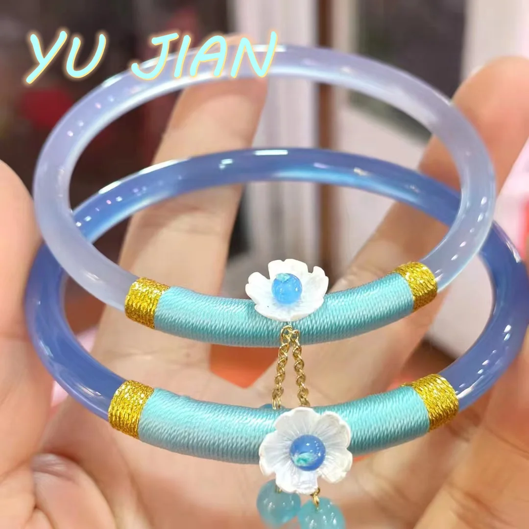 Sky Blue Natural High Ice Chalcedony Bracelet  ShallowBlue Agate Round Thin Strip  Small Flower Beads Accessories Bangle Elegant