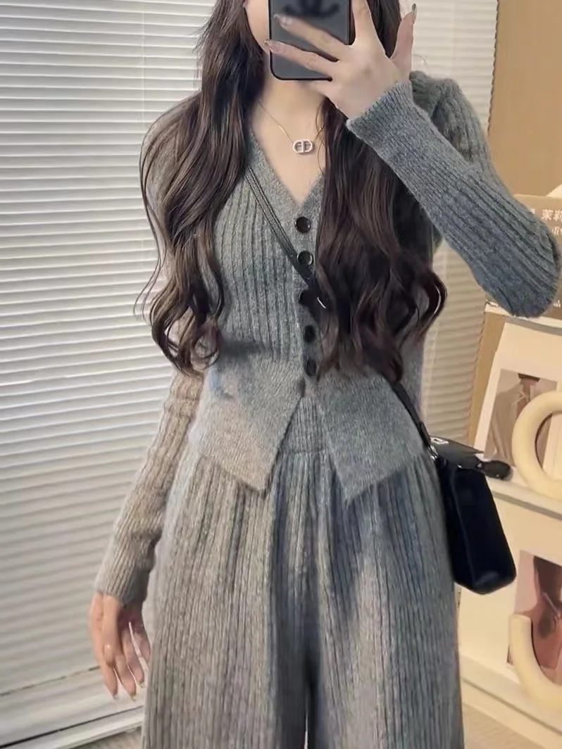 Elegant Korean 2 Piece Pant Sets Women Casual Cardigan Coats + Loose Pants Office Lady Vintage Knitted Suits Chic Outwear