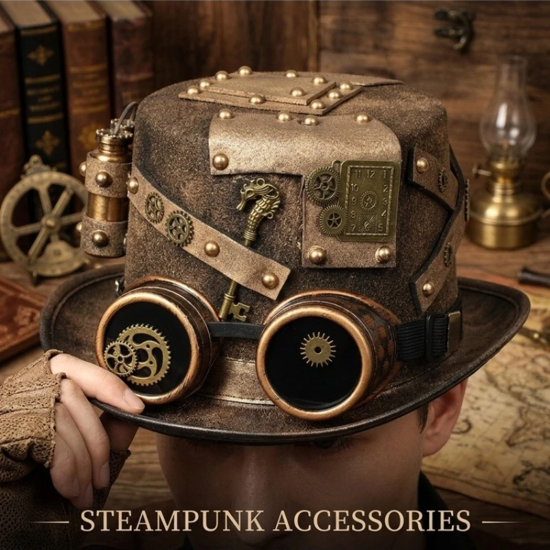 Steampunk Goggles & Vials Top Hat - Gothic Pirate Cowboy Costume Accessory for Holiday Party and Stage Performance