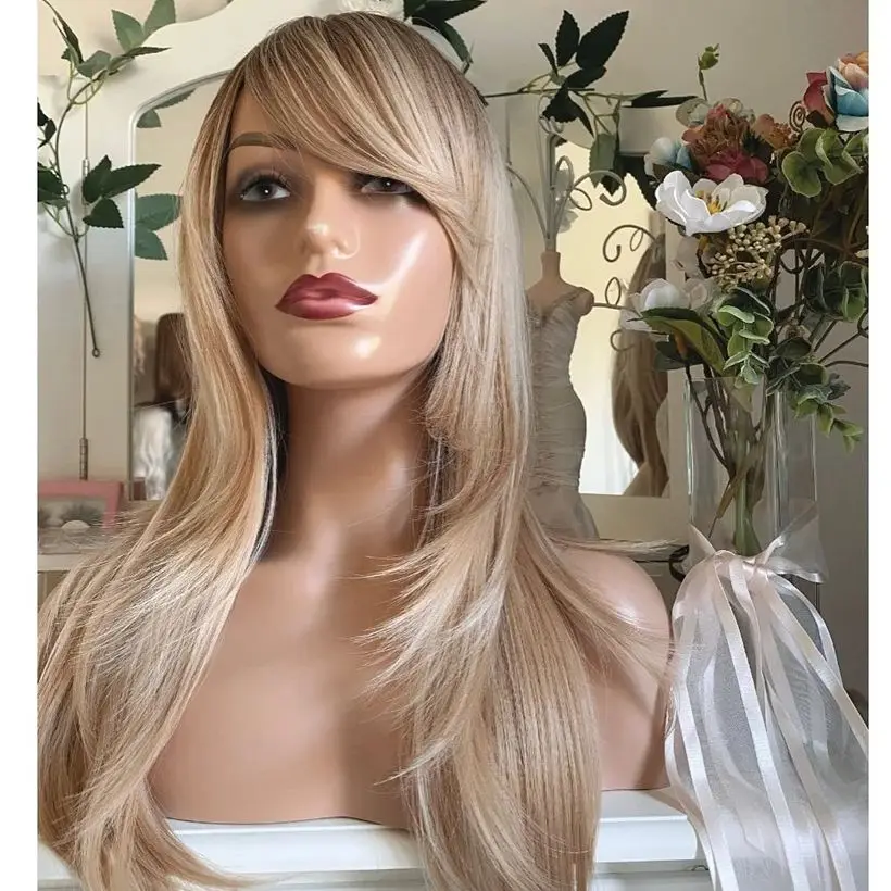 Ombre Ash Platinum Blonde Loose Wave HD Transparent Lace Front Wig With Bangs Heat Resistant Fiber Hair Wigs Synthetic Wigs 20''