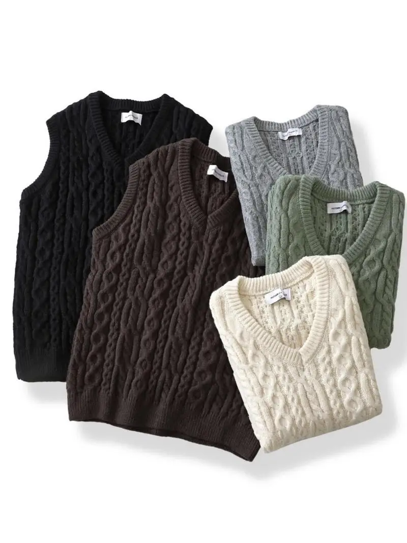 

Новый осенне-зимний повседневный вязаный жилет с V-образным вырезом для мужчин, модный ретро-стиль, плотная вязка с узором косы