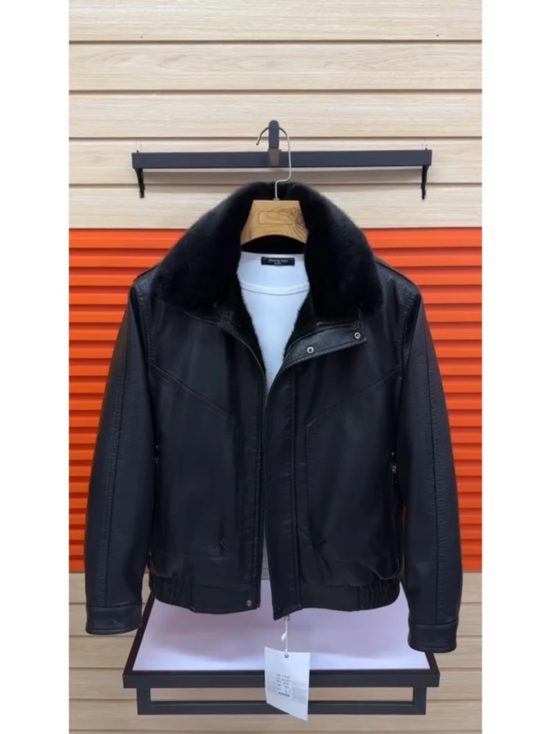 

Мужская кожаная куртка Thiened Fce с подкладкой, съемным воротником, теплая верхняя одежда, модное универсальное зимнее пальто, стандартный крой...