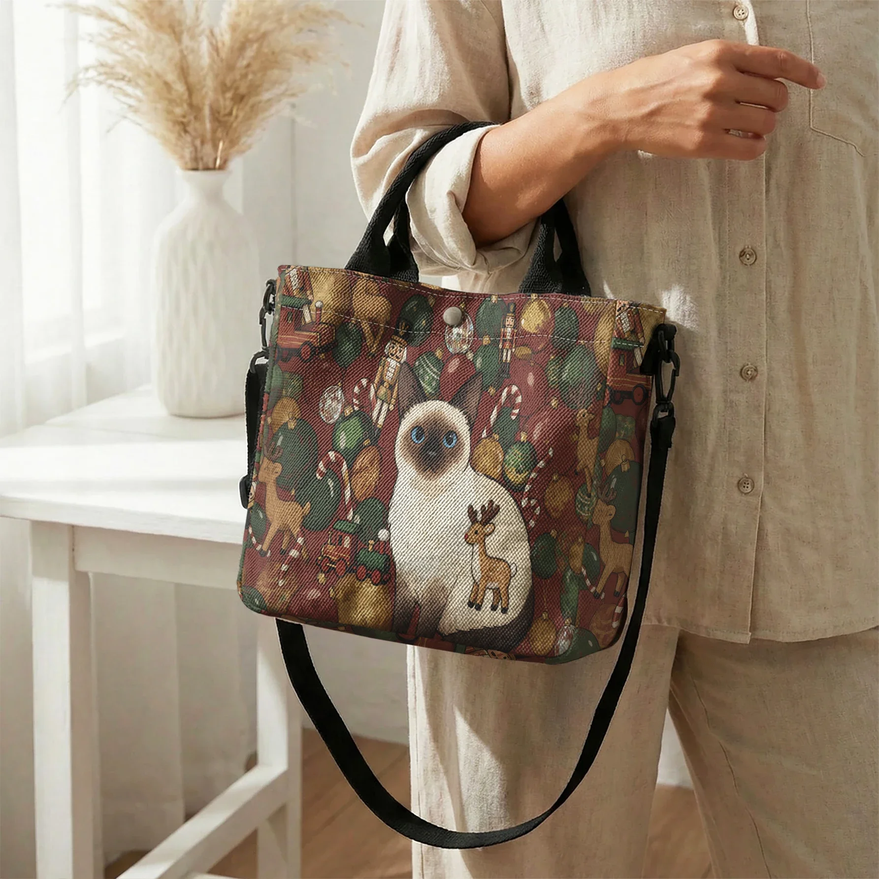 Siamese Cat Christmas Ornament Print Tote Bag, Detachable Strap Crossbody Handbag For Daily Work Shopping
