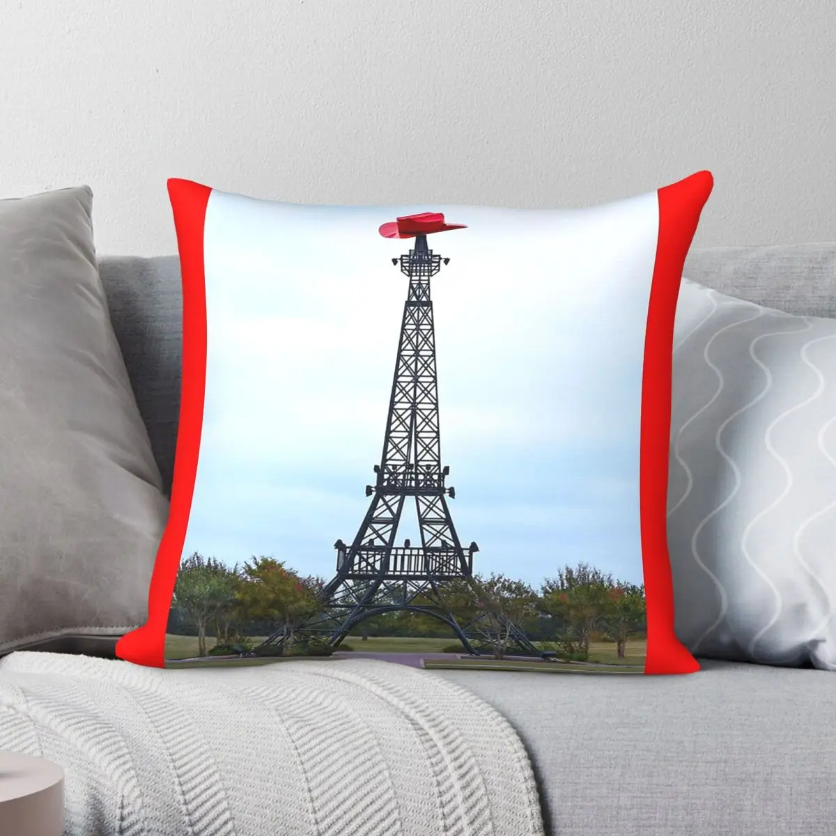 Eiffel Tower Cowboy Hat Paris Texas Square Pillowcase Polyester Linen Velvet Creative Zip Decorative Throw Pillow Cushion Case