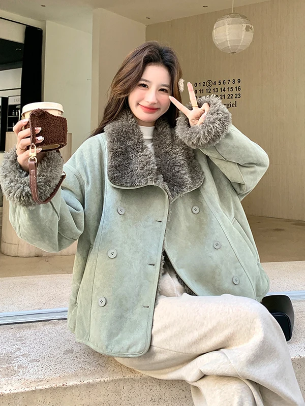 Ladies ort Thiened Fce Lined Lamb Fur Jaet Warm Casual Sle Women's Coat Korean Version Cotton Clothes Top