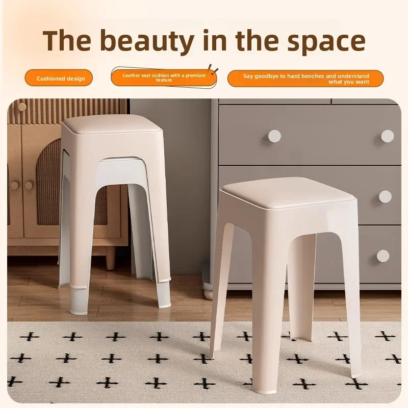 Bangku plastik rumah tangga yang dipertebal, dapat ditumpuk, bergaya Nordik, kreatif, dengan dudukan empuk, bangku modern sederhana untuk ruang tamu, meja makan, kursi tinggi.