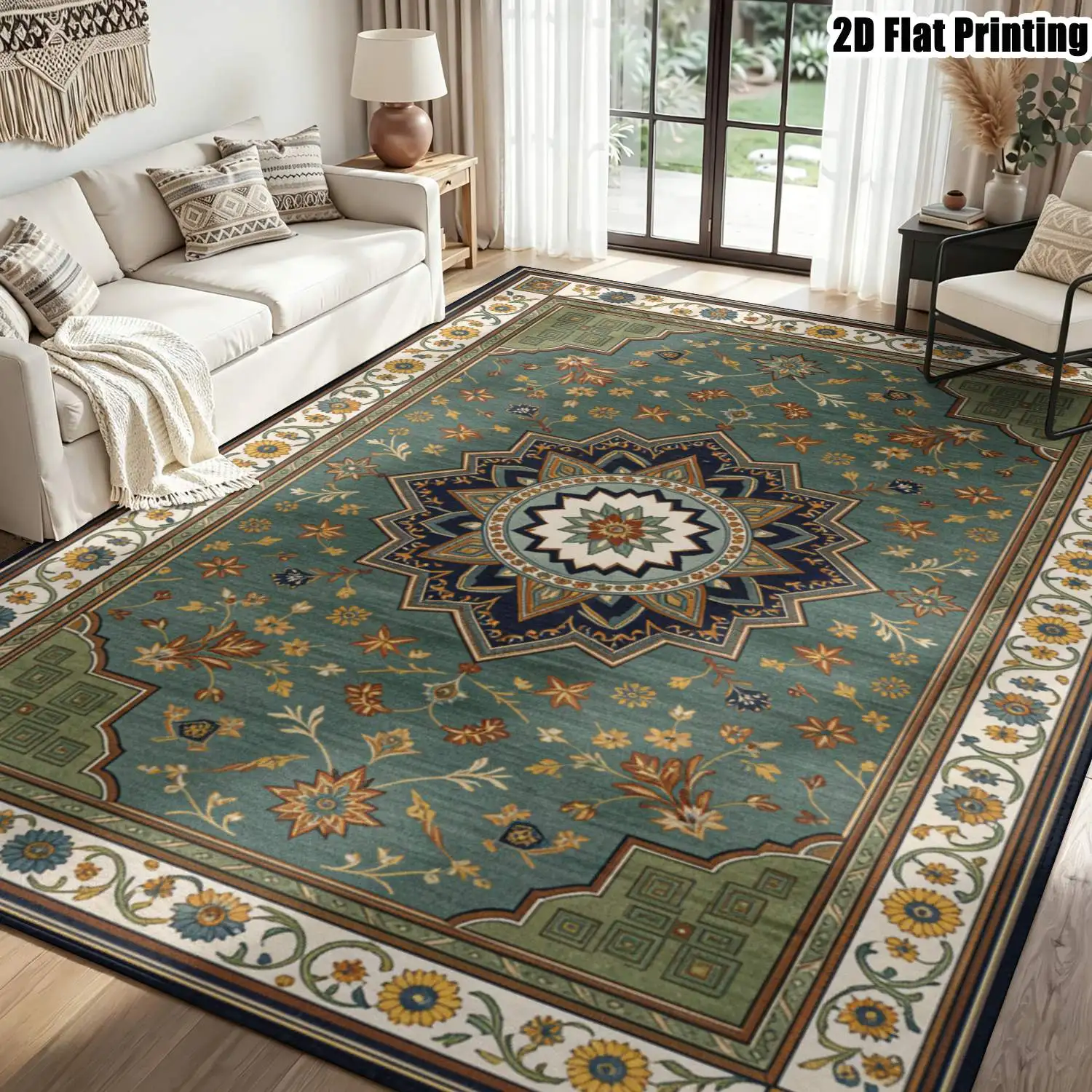 1Pc 2D Printed Dark Green Retro Ethnic Patterned European Carpet, Machine Washable, Multi-Size, Ideal for Home Decor & Various Scenes