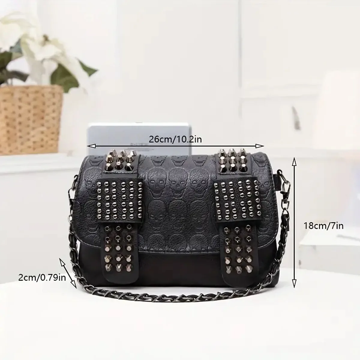 Gothic Studded Decor Crossbody Bag, Halloween Skull Decor Handbags, Vintage Shoulder Flap Purses