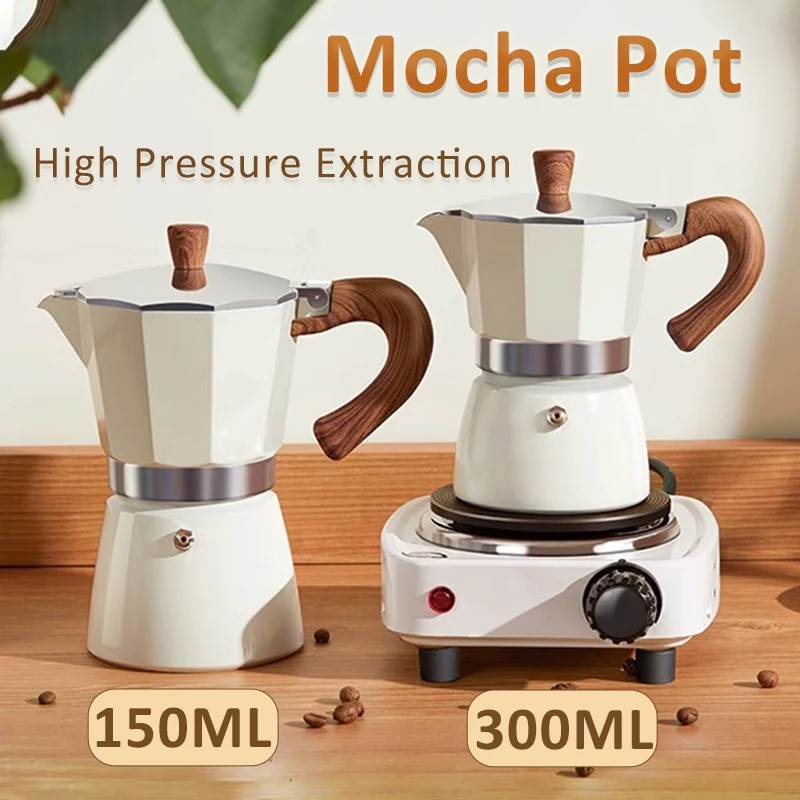 Vintage Wooden Handle Espresso Maker 150ml 300ml Moka Pot Classic Italian Cafe Tools Kitchen Home Coffee Maker Cafe Accessories