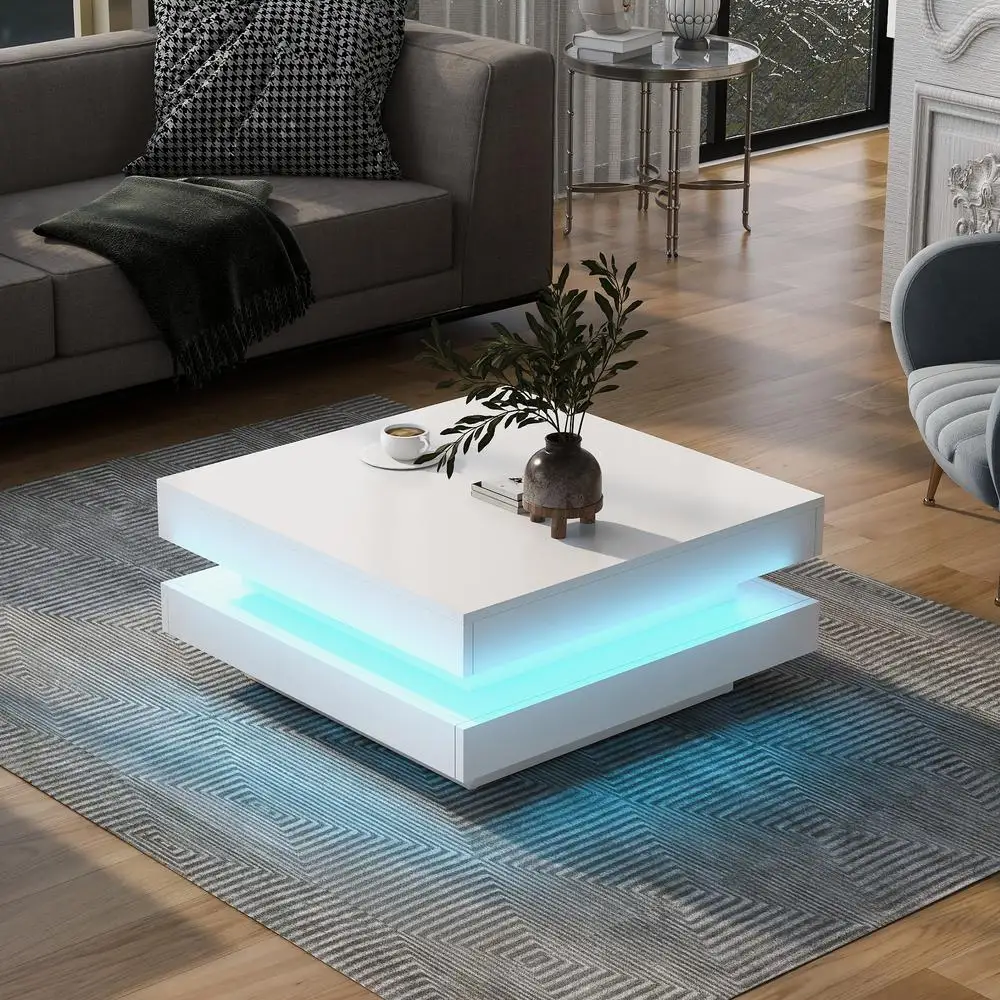 

White High Gloss Coffee Table LED Lights 2-Tier Square Center Table Modern Minimalist Design 31.5 Inch Living Room Furniture
